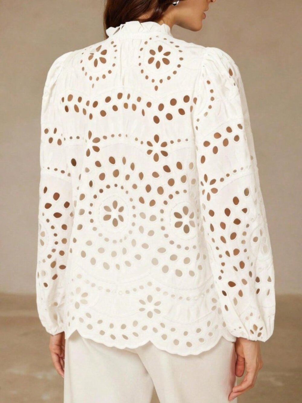White Casual Women's Embroidered Hollow-Out Pleated Front Long Sleeve Blouse - Picture 2 of 8
